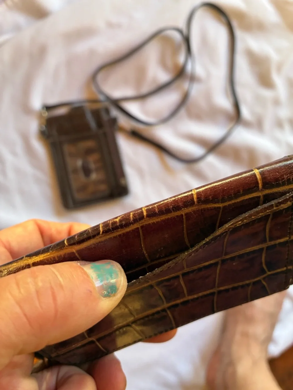 2 Croc-Embossed Wallets Brown Leather Card Wallet with Gold Snap and Calf Hair
